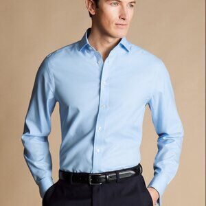 CHARLES TYRWHITT Cutaway Collar Non-Iron Twill Shirt Sky Blue Size L Neck 16 NWT